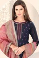 Navy blue Chanderi and silk Straight Pant Suit
