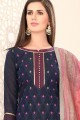 Navy blue Chanderi and silk Straight Pant Suit