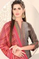 Brown Chanderi and silk Straight Pant Suit