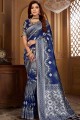 Trendy Navy blue Jacquard and silk South Indian Saree