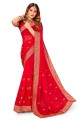Party Wear Saree in Red Georgette with Thread,embroidered,lace border