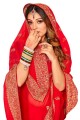 Party Wear Saree in Red Georgette with Thread,embroidered,lace border