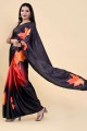 Saree in Orange,black Silk with Digital print
