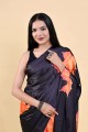 Saree in Orange,black Silk with Digital print