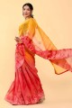 Saree in Orange,pink Cotton with Patch,thread,embroidered