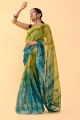 Patch,thread,embroidered Cotton Saree in Green with Blouse