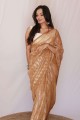 Printed Net Party Wear Saree in Chiku