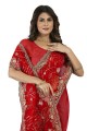 Net Red Wedding Saree in Embroidered