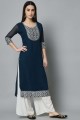 Teal blue Embroidered Palazzo Kurti in Georgette