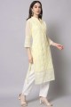 Embroidered Georgette Straight Kurti in Yellow with Dupatta