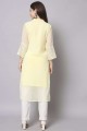 Embroidered Georgette Straight Kurti in Yellow with Dupatta