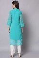 Georgette Straight Kurti with Embroidered in Turquoise