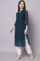 Georgette Embroidered Teal blue Straight Kurti with Dupatta