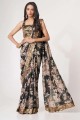 Black Saree with Sequins,embroidered,digital print Organza