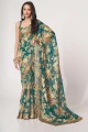 Sequins,embroidered,digital print Organza Saree in Teal blue