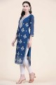 Georgette Embroidered Blue Straight Kurti with Dupatta