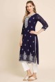 Straight Kurti in Navy blue Georgette with Embroidered