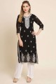 Embroidered Georgette Straight Kurti in Black with Dupatta