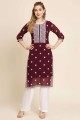 Embroidered Straight Kurti in Maroon Georgette