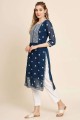 Embroidered Georgette Teal blue Straight Kurti with Dupatta
