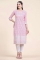 Straight Kurti in Pink Cotton with Embroidered