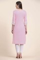 Straight Kurti in Pink Cotton with Embroidered
