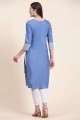 Cotton Straight Kurti with Embroidered in Blue