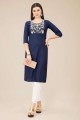 Navy blue Straight Kurti in Cotton with Embroidered