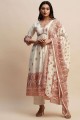 White,peach Printed Cotton Anarkali Suit