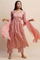 Printed Cotton Anarkali Suit in Pink with Dupatta