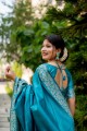 Firozi  Saree in Raw silk with Weaving