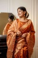Raw silk  Saree Orange in Weaving