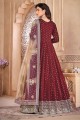 Taffeta Anarkali Suit with Embroidered in Maroon