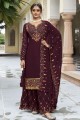 Georgette Sharara Suit with Embroidered in Purple