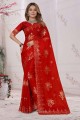Red Organza Soft Saree With Embroidered