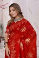 Red Organza Soft Saree With Embroidered