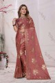 Rose peach red  Organza Saree with Embroidered