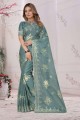 Organza Dusty firozi blue Saree with Embroidered
