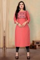 Coral pink Kurti in Cotton with Embroidered