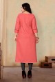 Coral pink Kurti in Cotton with Embroidered