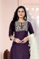 Purple Embroidered Straight Pant Suit in Cotton
