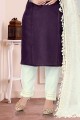 Purple Embroidered Straight Pant Suit in Cotton