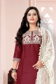 Cotton Maroon Straight Pant Suit in Embroidered