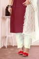 Cotton Maroon Straight Pant Suit in Embroidered