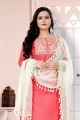 Cotton Coral pink Straight Pant Suit  with Embroidered