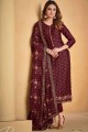 Chiffon Maroon Straight Pant Suit in Embroidered