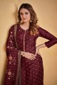 Chiffon Maroon Straight Pant Suit in Embroidered