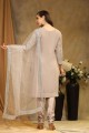Faux georgette Embroidered Chiku  Straight Pant Suit with Dupatta