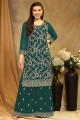Georgette Aqua blue Palazzo Suit in Embroidered