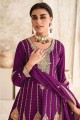 Silk Straight Suit with Embroidered in Wine